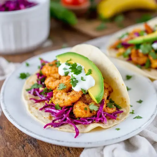 Air Fryer Shrimp Tacos styled food shot