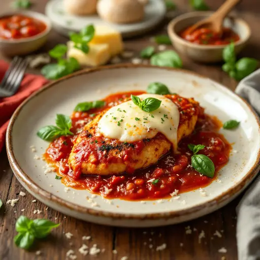 Baked Chicken Parmesan styled food shot