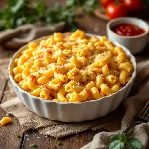 Baked Macaroni and Cheese styled food shot