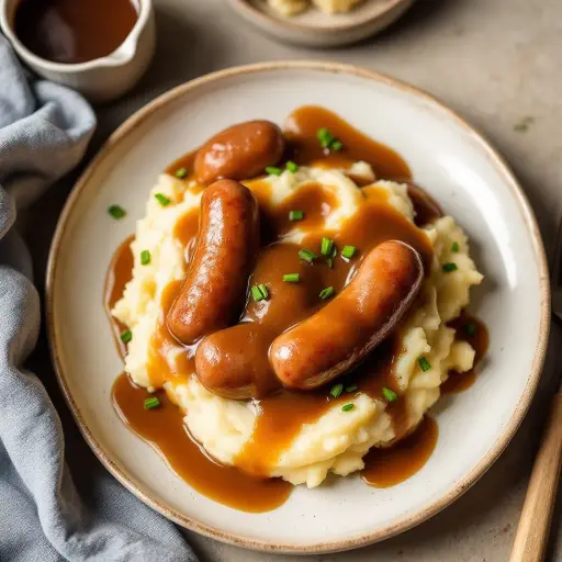 Bangers and Mash with Onion Gravy styled food shot