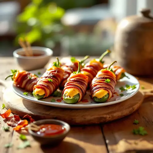 BBQ Bacon-Wrapped Jalapeños styled food shot