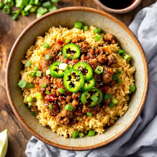 Beef and Jalapeno Rice Bowl styled food shot