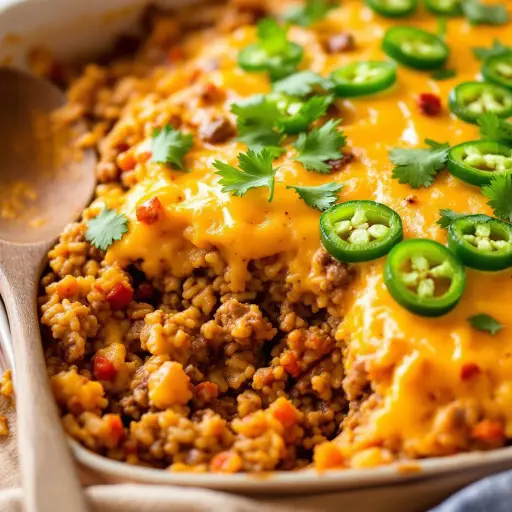 Beef and Jalapeno Rice Casserole styled food shot