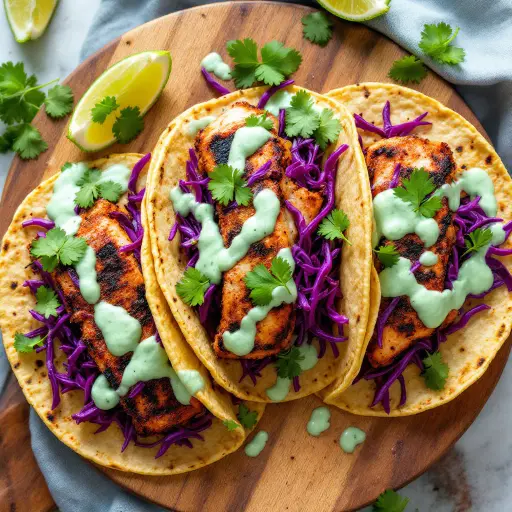 Blackened Fish Tacos with Fresh Cilantro Crema styled food shot