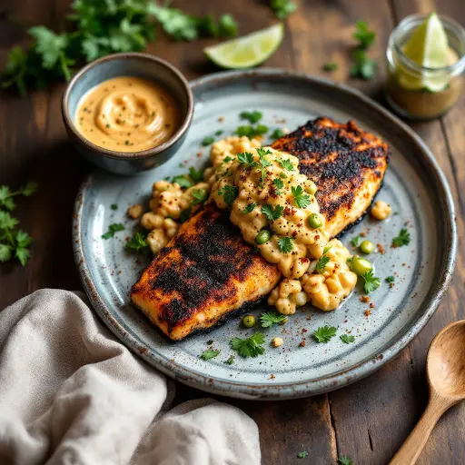 Blackened Fish with Cajun Remoulade styled food shot