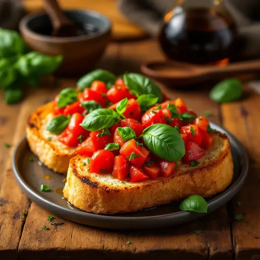 Bruschetta with Tomato and Basil styled food shot