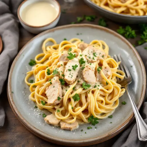 Budget-Friendly Chicken Alfredo styled food shot