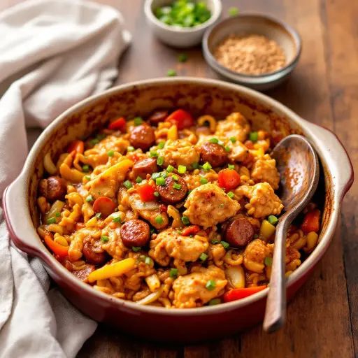 Cajun Chicken and Sausage Jambalaya styled food shot