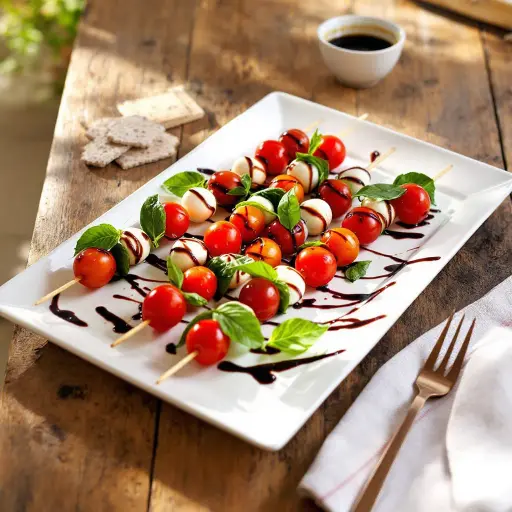 Caprese Salad Skewers with Balsamic Glaze styled food shot