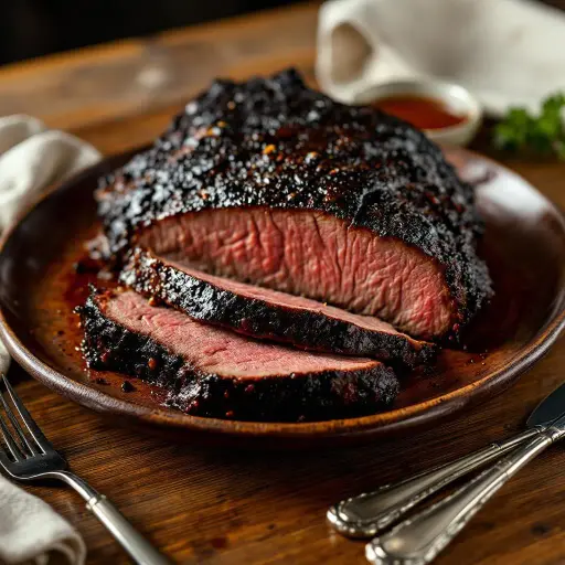 Charcoal-Grilled Beef Brisket with Texas-Style Dry Rub styled food shot