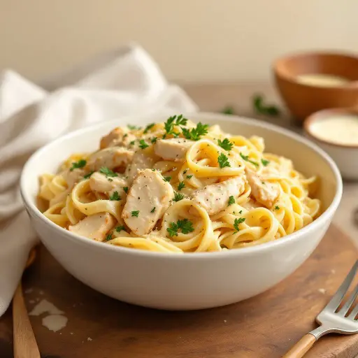 Chicken Alfredo Pasta styled food shot