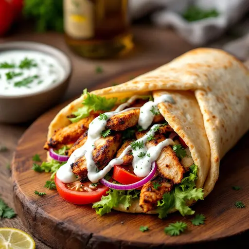 Chicken Gyro with Tzatziki Sauce styled food shot