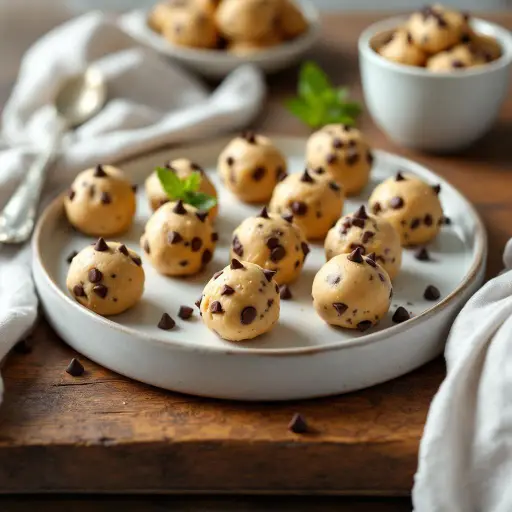 Chocolate Chip Cookie Dough Bites styled food shot