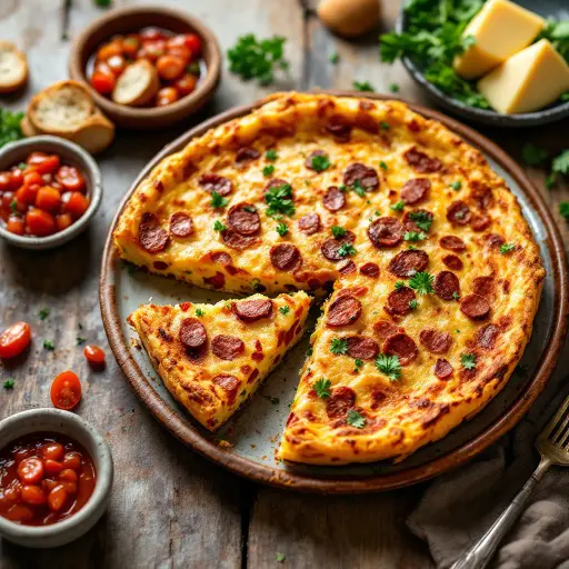 Chorizo and Potato Tortilla styled food shot