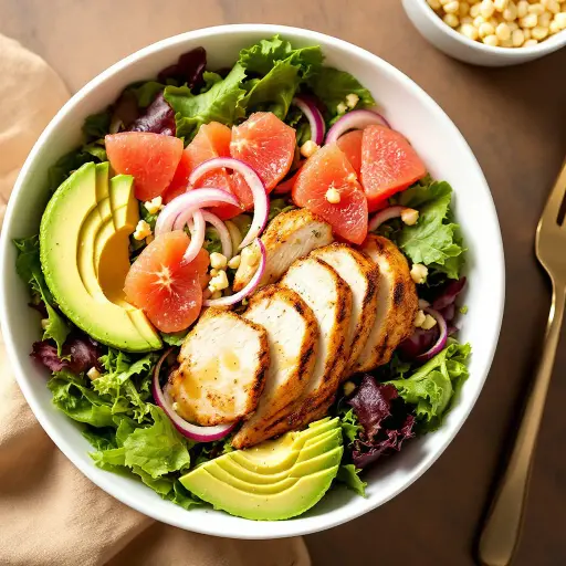 Citrus Avocado Chicken Salad styled food shot