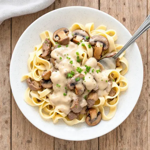 Classic Beef Stroganoff with Egg Noodles styled food shot