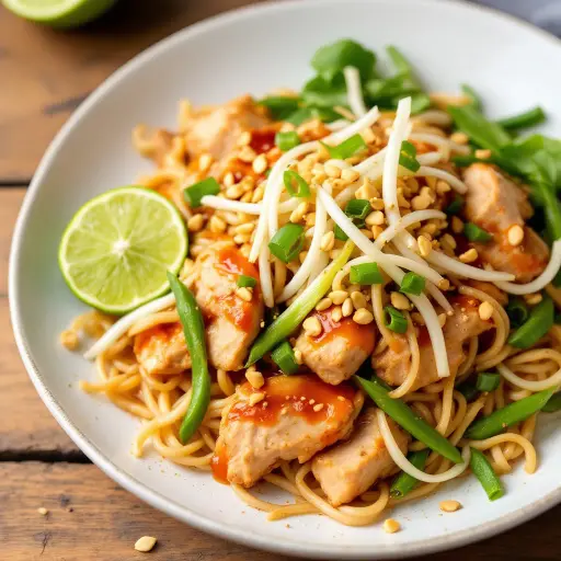 Classic Chicken Pad Thai styled food shot