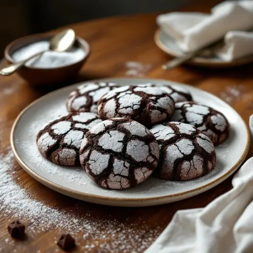 Classic Chocolate Crinkle Cookies styled food shot