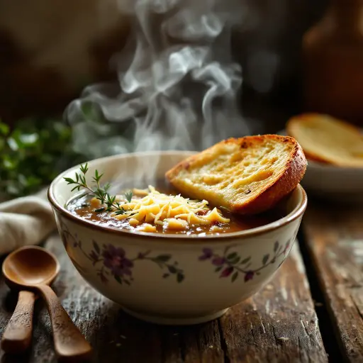 Classic French Onion Soup with Gruyère styled food shot