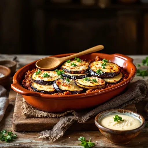 Classic Greek Moussaka with Eggplant styled food shot