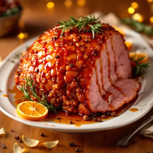 Classic Honey Baked Ham with Brown Sugar Glaze styled food shot