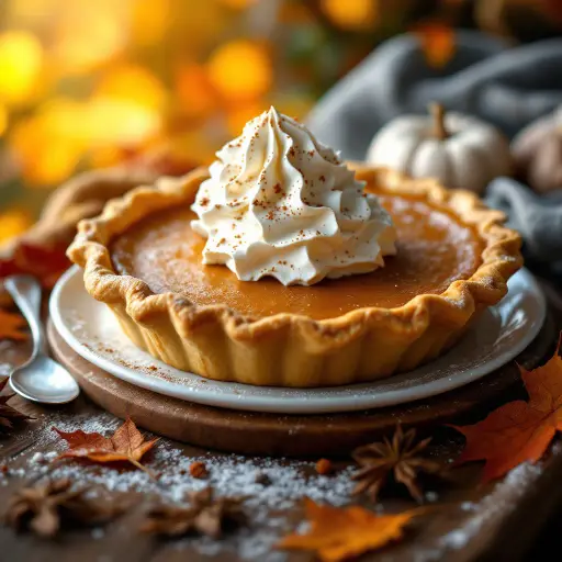 Classic Pumpkin Pie with Spiced Whipped Cream styled food shot