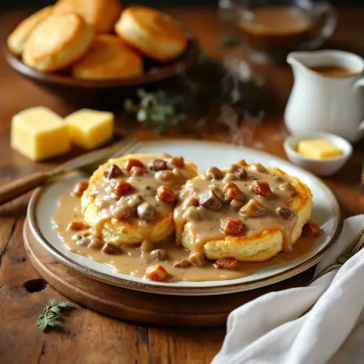 Classic Southern Biscuits and Sausage Gravy styled food shot