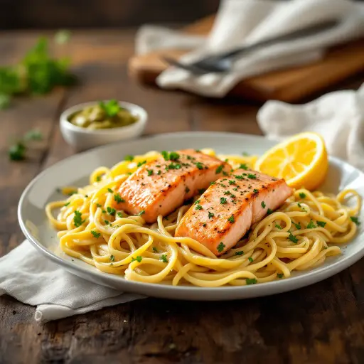 Creamy Garlic Salmon Pasta styled food shot