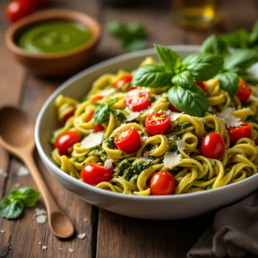 Creamy Pesto Pasta with Cherry Tomatoes styled food shot