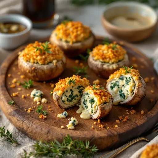 Creamy Spinach and Blue Cheese Stuffed Mushrooms styled food shot