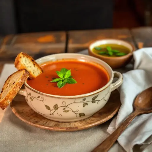 Creamy Tomato Basil Soup styled food shot