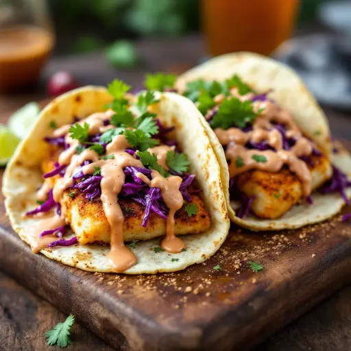 Crispy Baked Fish Tacos with Lime Slaw and Chipotle Crema styled food shot