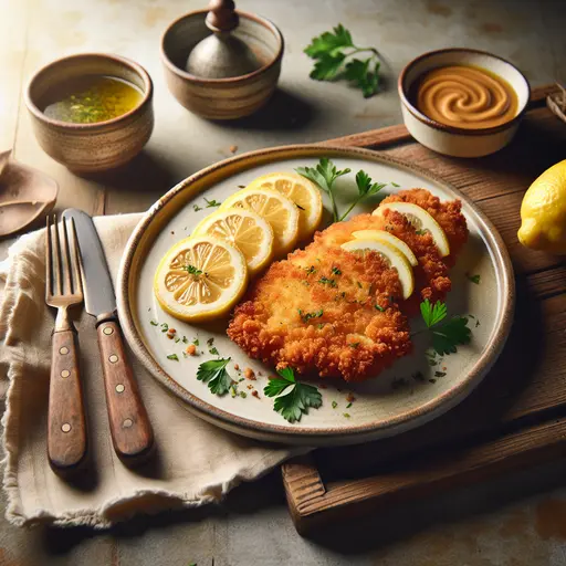 Crispy Chicken Schnitzel with Lemon styled food shot