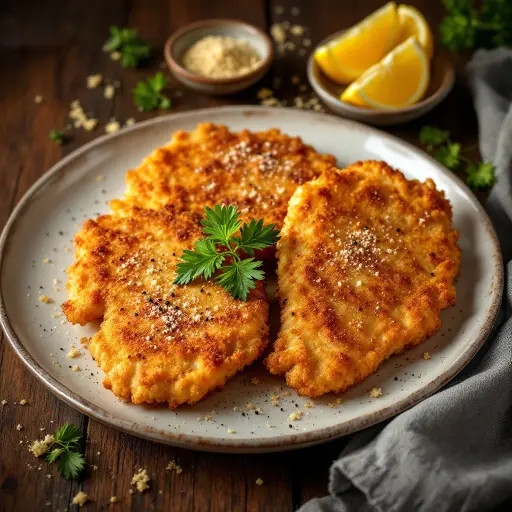 Crispy Chicken Schnitzel with Lemon styled food shot