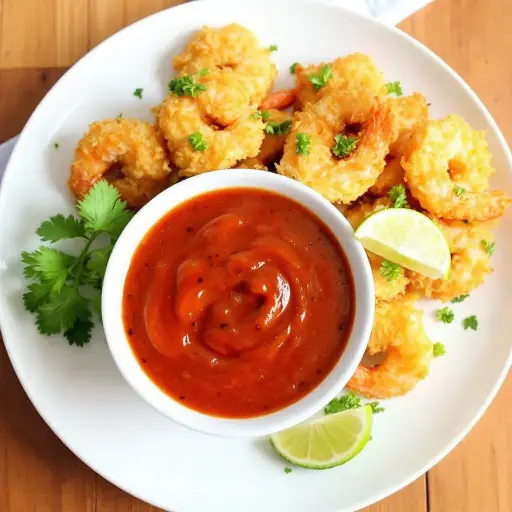 Crispy Coconut Shrimp with Sweet Chili Sauce styled food shot