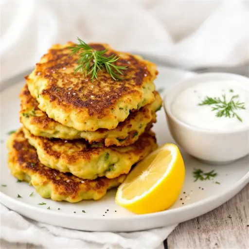 Crispy Zucchini Fritters with Garlic Herb Yogurt Sauce styled food shot