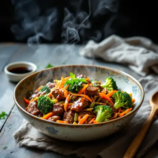 Easy Beef and Vegetable Stir Fry with Ginger-Soy Sauce styled food shot