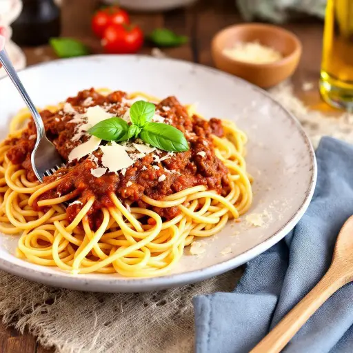 Easy Weeknight Spaghetti with Meat Sauce styled food shot