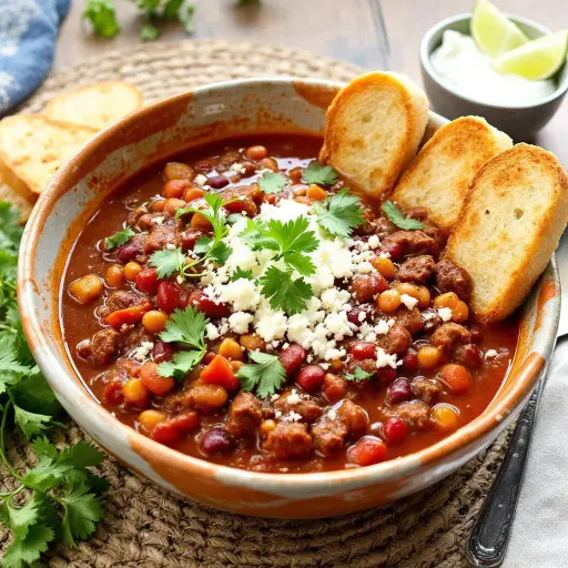 Fiery Five-Chili Beef and Bean Chili styled food shot