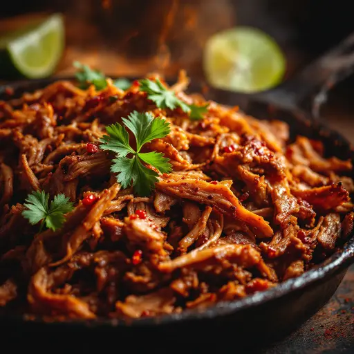 Fiery Pork Carnitas (Extra Spicy) styled food shot