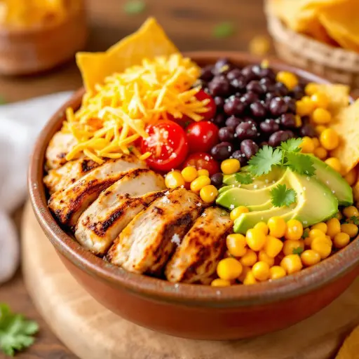 Flavorful Chicken Burrito Bowl styled food shot