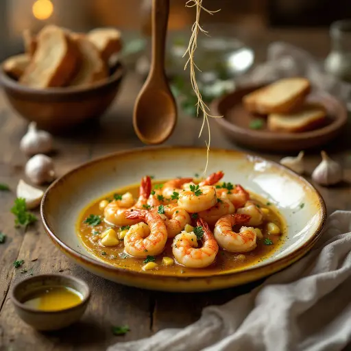 Gambas al Ajillo (Garlic Shrimp) styled food shot