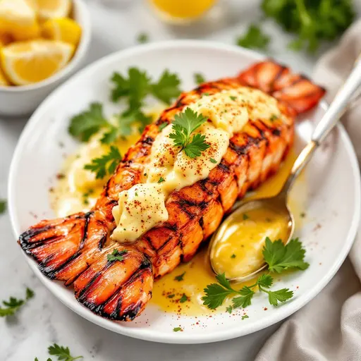 Garlic Butter Grilled Lobster Tails styled food shot