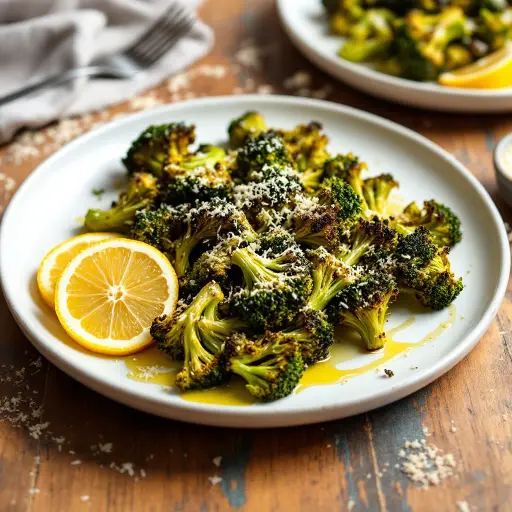 Garlic Parmesan Roasted Broccoli styled food shot