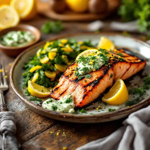 Gas Grill Cedar Plank Salmon with Lemon Herb Butter styled food shot