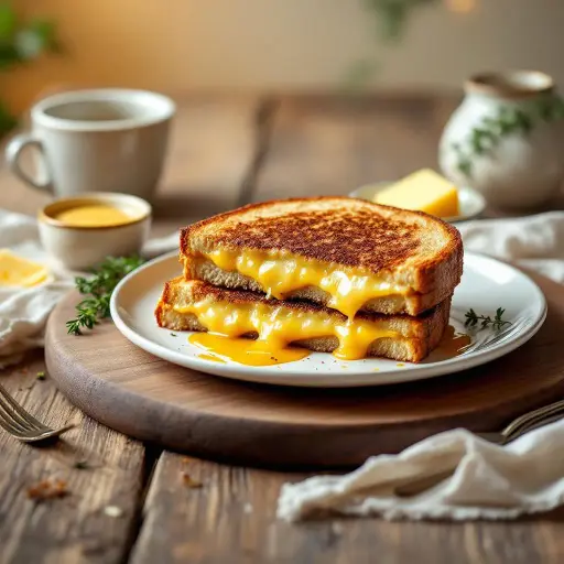 Gourmet Grilled Cheese with Aged Cheddar, Brie and Dijon styled food shot
