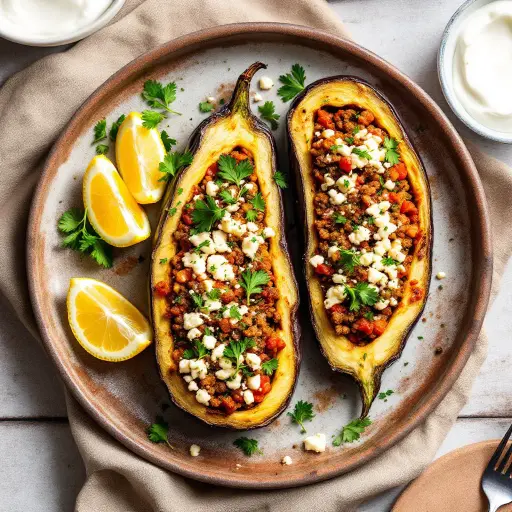 Greek-Style Stuffed Eggplant styled food shot