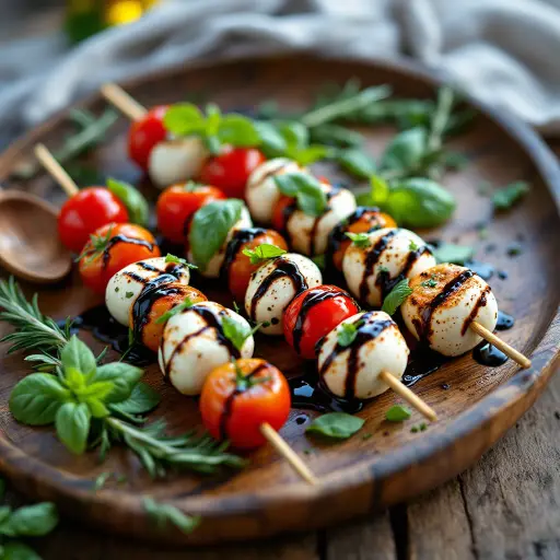 Grilled Caprese Skewers styled food shot