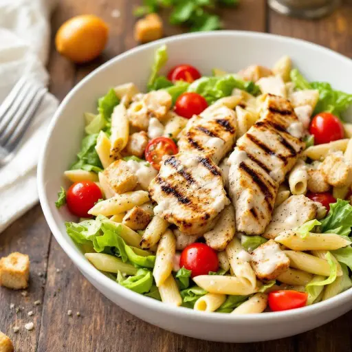 Grilled Chicken Caesar Pasta Salad styled food shot