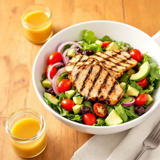 Grilled Chicken Salad with Honey Mustard Dressing styled food shot